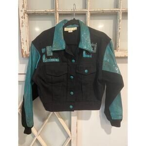 Vintage Tamorah Marie size small black denim jacket with teal metallic accents